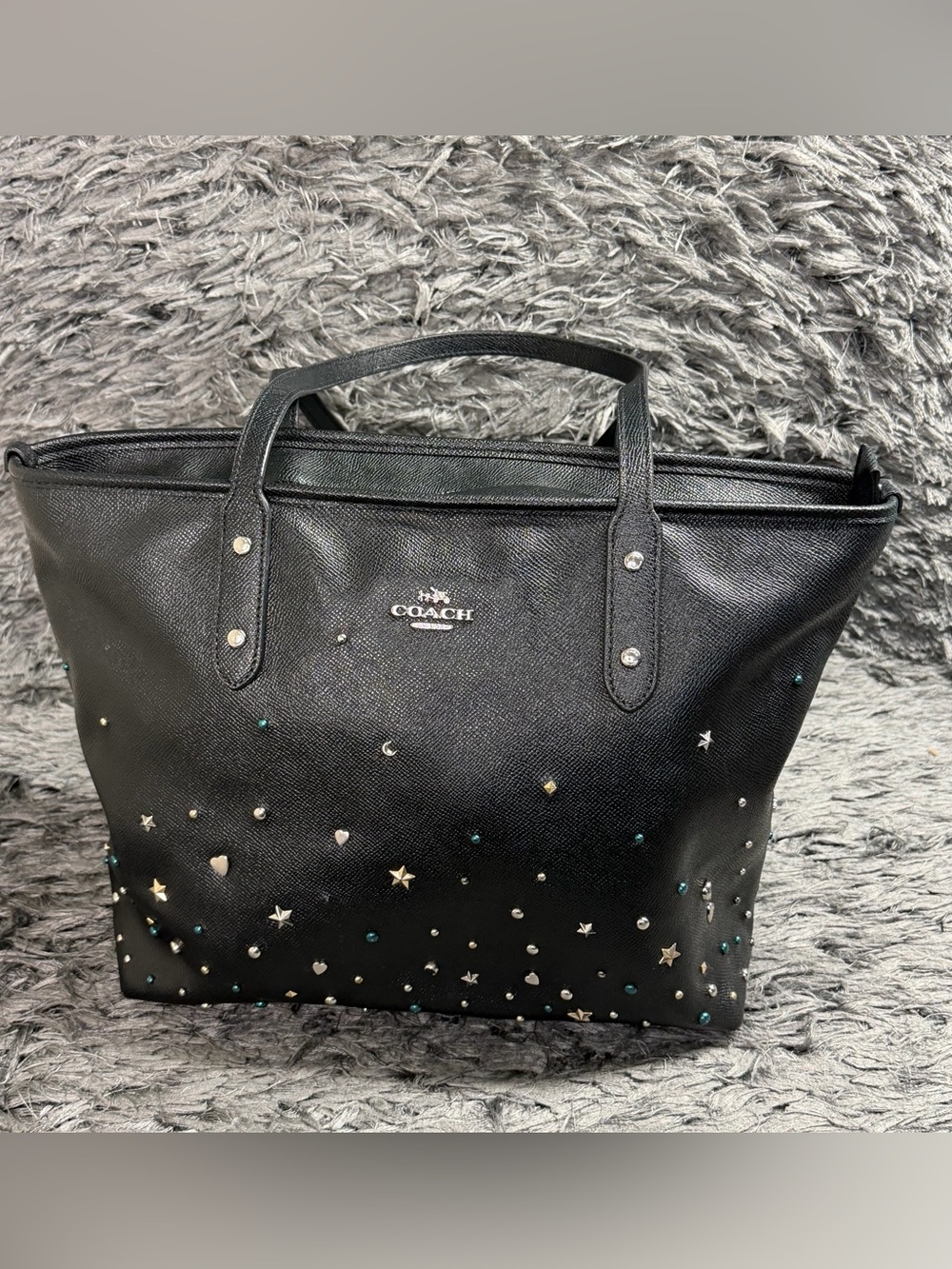 Coach Black Leather Star & Stud Embellished Tote